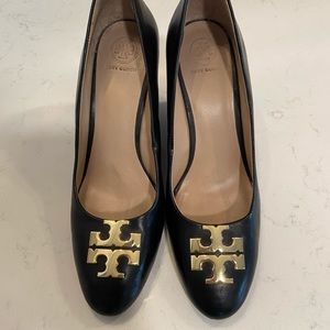 Black Leather Tory Burch Wedge Heels